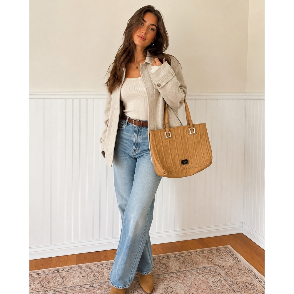 Nine West Tan Pebbled Leather Tote Bag with Silver Hardware